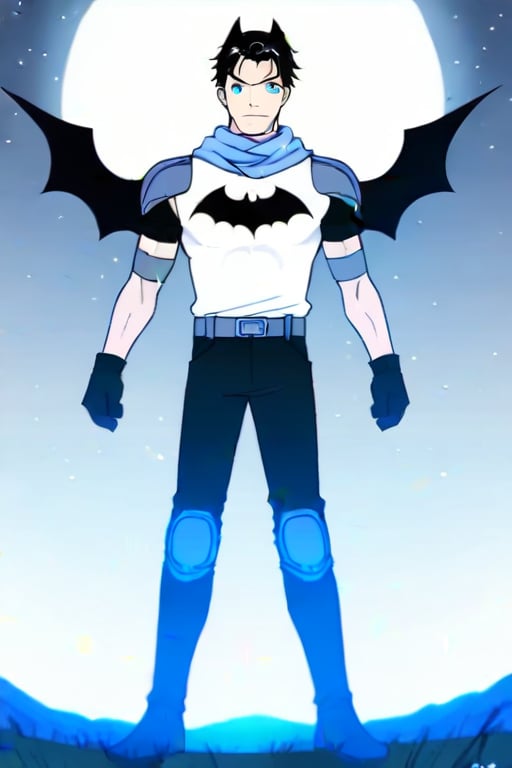 The animated version of Batman that belongs to the movie "Justice League x RWBY: Super Heroes & Huntsmen - Part 1" (He does have black hair, dark blue eyes, black pants, gray boots, gray metal knee pads, a gray breastplate with a black bat symbol on the front and underneath, a black long-sleeved t-shirt, black metal bat-shaped shoulder pads, gray armbands with 3 side blades on the sides, gloves blacks, a gray scarf, a gray utility belt and the age of 17), where Batman/Bruce Wayne is a "Bat Faunus" (Human being with two oversized black bat wings emerging from his back), in a landscape night.