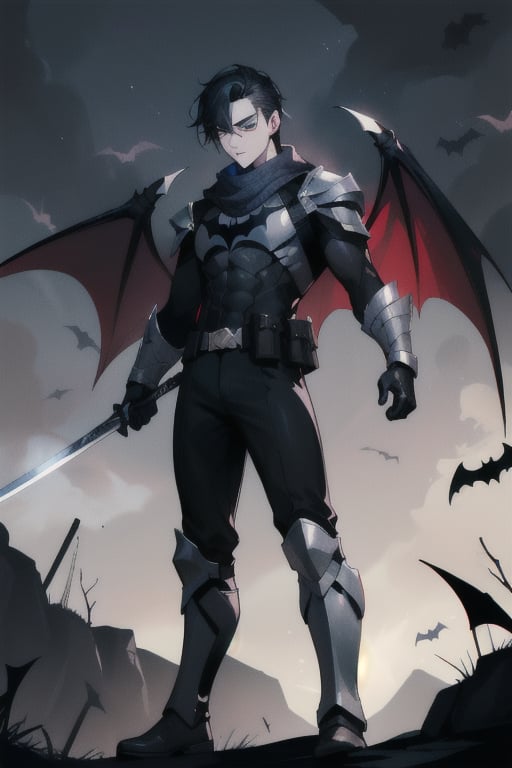 The animated version of Batman that belongs to the movie "Justice League x RWBY: Super Heroes & Huntsmen - Part 1" (He has black hair, dark blue eyes, black pants, gray boots with metal armor along them up to the knees, a gray breastplate with a black bat symbol on the chest and underneath, a black long-sleeved t-shirt, black metal bat-shaped shoulder pads, gray armbands with 3 side blades on the sides, black gloves, a gray scarf, a gray utility belt, 2 rapier type swords and the age of 17), where Batman/Bruce Wayne is a "Bat Faunus" (Human being with two huge black bat wings emerging from his back), in a landscape night with bats flying around.