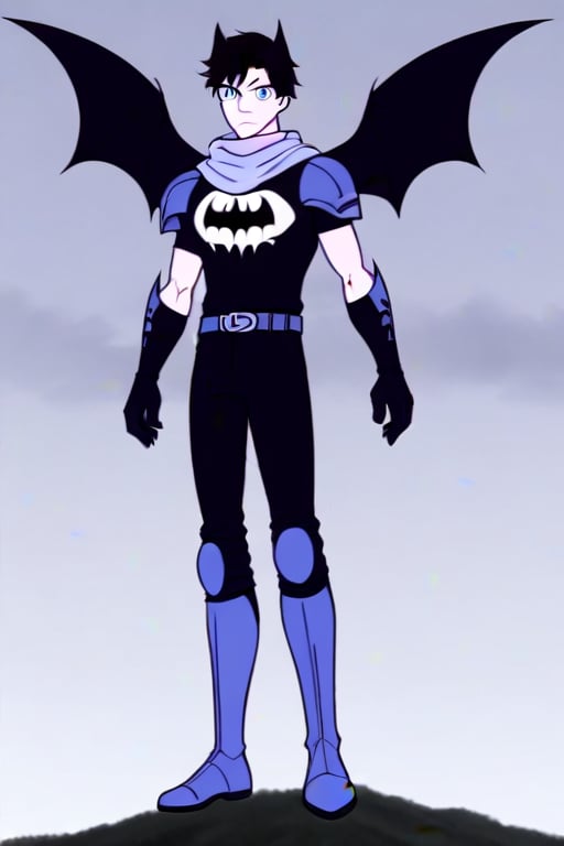 The animated version of Batman that belongs to the movie "Justice League x RWBY: Super Heroes & Huntsmen - Part 1" (He does have black hair, dark blue eyes, black pants, gray boots, gray metal knee pads, a gray breastplate with a black bat symbol on the front and underneath, a black long-sleeved t-shirt, black metal bat-shaped shoulder pads, gray armbands with 3 side blades on the sides, gloves blacks, a gray scarf, a gray utility belt and the age of 17), where Batman/Bruce Wayne is a "Bat Faunus" (Human being with two oversized black bat wings emerging from his back), in a landscape night with bats flying around..