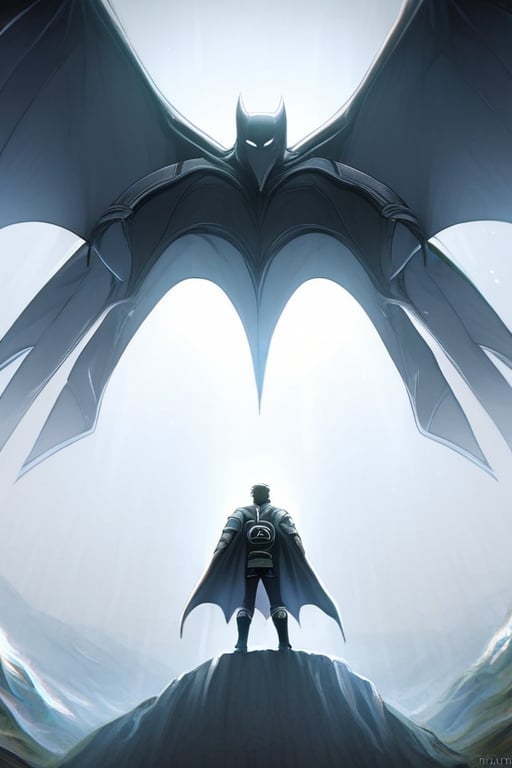 The animated version of Batman that belongs to the movie "Justice League x RWBY: Super Heroes & Huntsmen - Part 1" (He does have black hair, dark blue eyes, black pants, gray boots, gray metal knee pads, a gray breastplate with a black bat symbol on the front and underneath, a black long-sleeved t-shirt, black metal bat-shaped shoulder pads, gray armbands with 3 side blades on the sides, gloves blacks, a gray scarf, a gray utility belt and the age of 17), where Batman/Bruce Wayne is a "Bat Faunus" (Human being with two oversized black bat wings emerging from his back), in a landscape night with bats flying around.