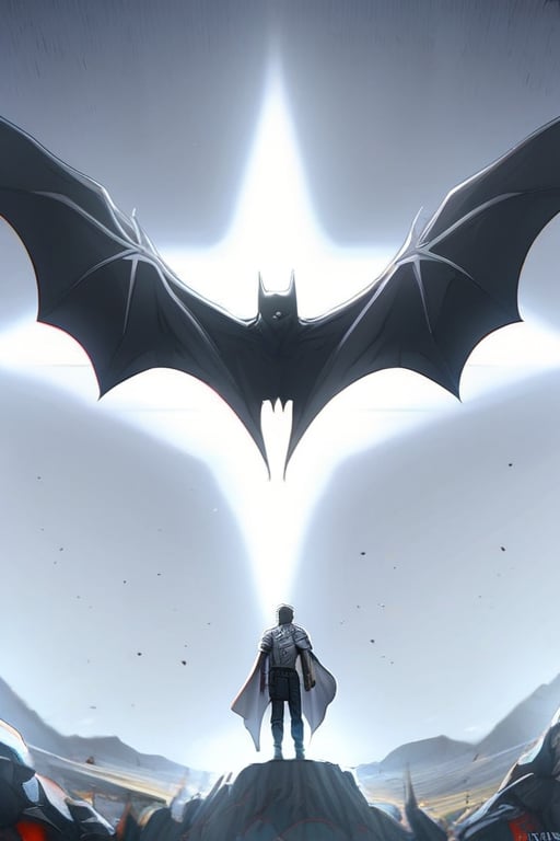 The animated version of Batman that belongs to the movie "Justice League x RWBY: Super Heroes & Huntsmen - Part 1" (He does have black hair, dark blue eyes, black pants, gray boots, gray metal knee pads, a gray breastplate with a black bat symbol on the front and underneath, a black long-sleeved t-shirt, black metal bat-shaped shoulder pads, gray armbands with 3 side blades on the sides, gloves blacks, a gray scarf, a gray utility belt and the age of 17), where Batman/Bruce Wayne is a "Bat Faunus" (Human being with two oversized black bat wings emerging from his back), in a landscape night with bats flying around.