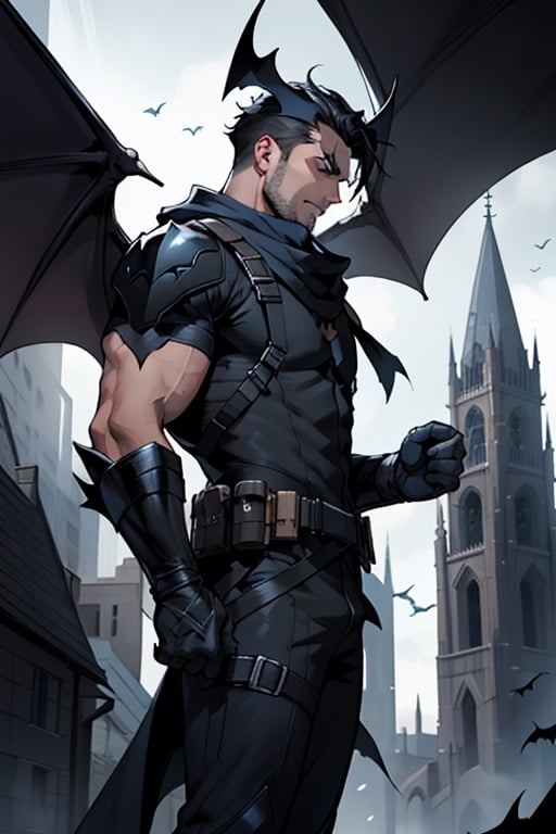 The animated version of Batman which belongs to the movie "Justice League x RWBY: Super Heroes & Huntsmen - Part 1" (No mask, black hair, dark blue eyes, black pants, gray overalls with a colored bat symbol black on the front side, bat-shaped shoulder pads, gray armbands with 3 blades on the sides, black gloves, gray scarf and a gray utility belt), where Batman is a "Bat Faun" (Human Being with Bat Wings black color emerging from his back), in a night background, on the roof of a cathedral.