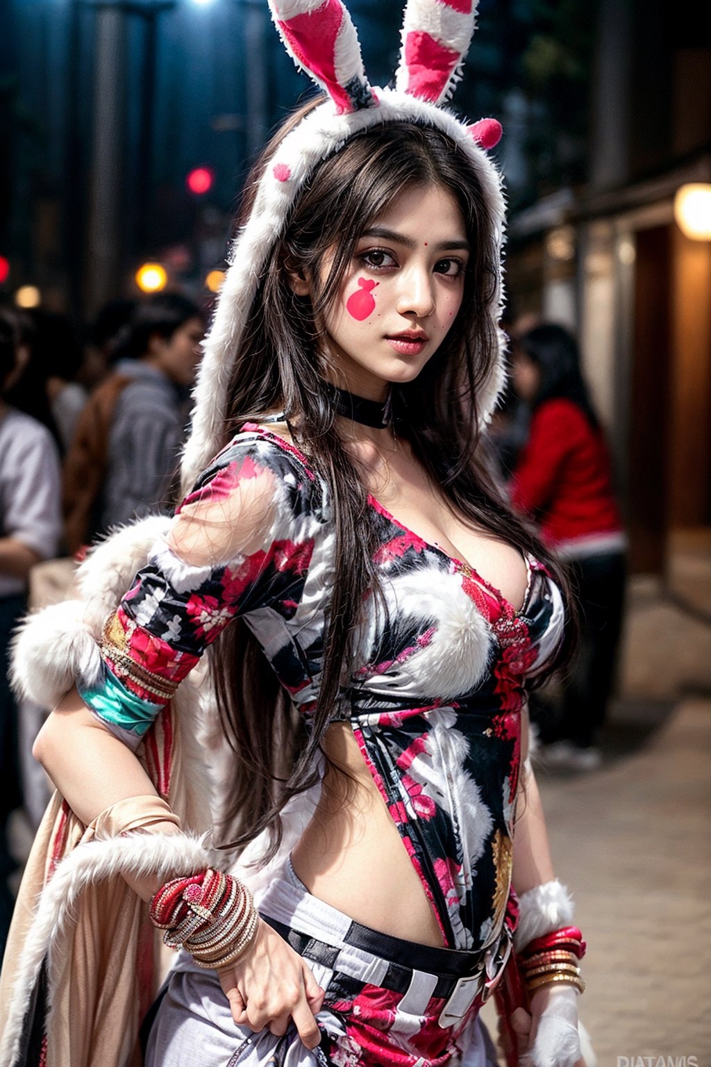 beautiful cute young attractive indian, village girl, 28 years old, cute, Instagram model, long black_hair, colorful hair, warm, dancing, indian, wear bunny costume, red and white stripes bunny costume, ultra-realistic, background giant candy cake, digital art, stunning digital illustration, dashataran,1 girl, young girl,1GIRL