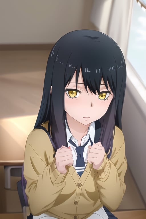 {best quality},highly detailed,masterpiece,beautiful face,detailed eyes, deep eyes,{{1girl}}, {{Miko}}, yellow eyes, long hair, necktie, school uniform, sweater, black hair, blue hair,cardigan, {white shirt},long sleeves, brown hair,dress shirt, purple hair, collared shirt, bangs, multicolored hair, gradient hair, from above, cropped legs, blurry background, classroom, {embarrassed}, looking  at viewer, {sitting},