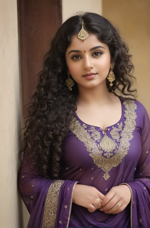 full body shot.  mature thick girl, An ultra real full body photo of a young girl age 25, long dark curly hair. Wearing a beautiful churidar , ultra close macro details, ultra contrast, ultra decoration. Intricate details of her beautiful eyes and her perfect face.