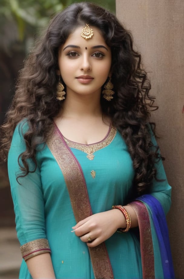 full body shot.  mature thick girl, An ultra real full body photo of a young girl age 25, long dark curly hair. Wearing a beautiful churidar , ultra close macro details, ultra contrast, ultra decoration. Intricate details of her beautiful eyes and her perfect face.