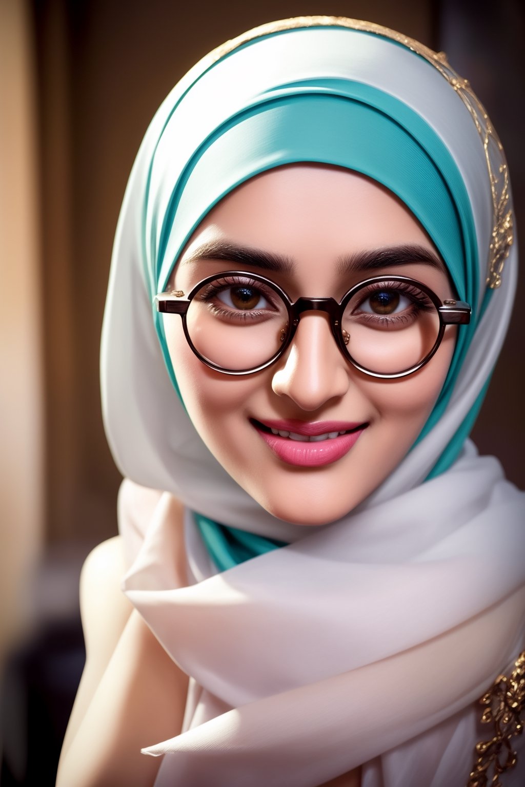 a beautiful 24 year old pretty indian muslim women looking into the camera wearing a hijab and a scarf , smiling and standing, casual potrait photo, wearing an oversized spectacles , feautres like sonam kapoor, no bindi on forehead, standing , standing infrot of charminar hyderabad, no bindi on her forehead, plain forehead, zoomed out picture, hyderabad, realism, realistic, real, full potrait