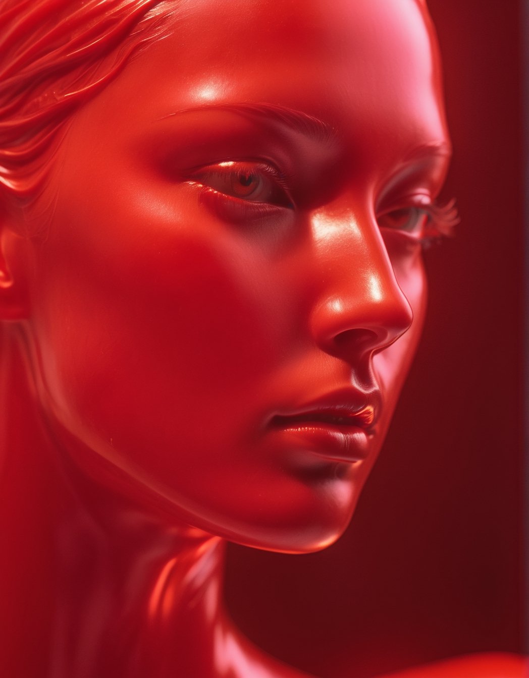 ((close up)), detail, ((neutral gender)), made of red wax, light shining through, translucent wax figure, translucent face, organistic sculpture, ethereal figure, transparent body, 3d rendering, cinema 4d, blender_(software), DonMCr33pyN1ghtm4r3 