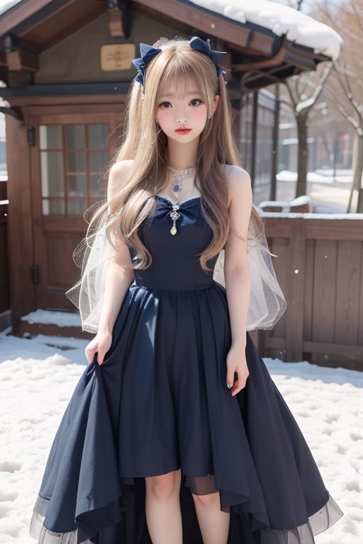 A sweet and cute Japanese girl with long blond hair, wearing a tulle dress,dark blue bow on her head,black stockings,a crystal necklace, snow-white skin, Standing  in a East Gate,1girl ,sunlight,tattooedgirl,lisa,full_body