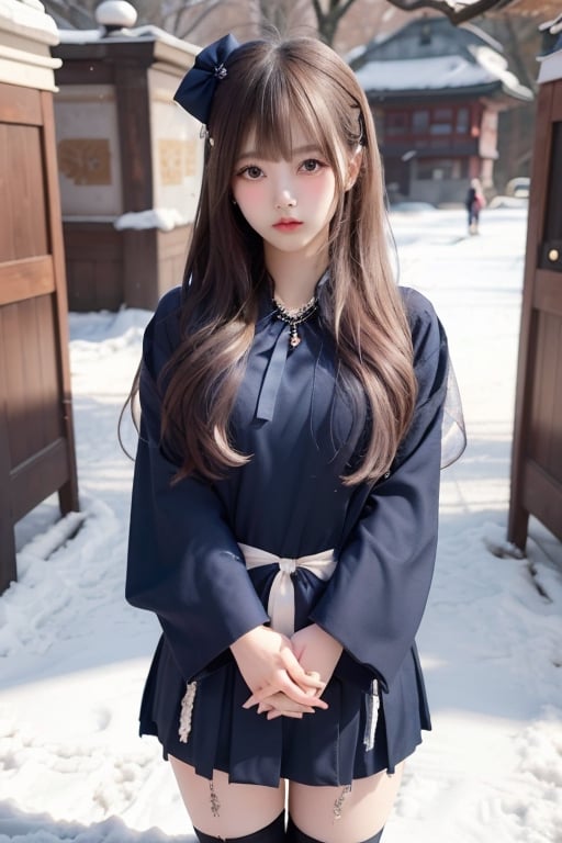 A sweet and cute Japanese girl with long blond hair, wearing Hanbok,dark blue bow on her head,black stockings,a crystal necklace, snow-white skin, Standing  in a East Gate,1girl ,sunlight,tattooedgirl,lisa,full_body