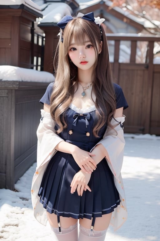 A sweet and cute Japanese girl with long blond hair, wearing Hanbok,dark blue bow on her head,black stockings,a crystal necklace, snow-white skin, Standing  in a East Gate,1girl ,sunlight,tattooedgirl,lisa,full_body