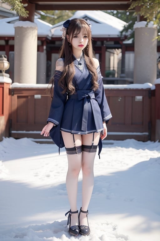 A sweet and cute Japanese girl with long blond hair, wearing hanbok,dark blue bow on her head,black stockings,a crystal necklace, snow-white skin, Standing  in a East Gate,1girl ,sunlight,tattooedgirl,lisa,full_body