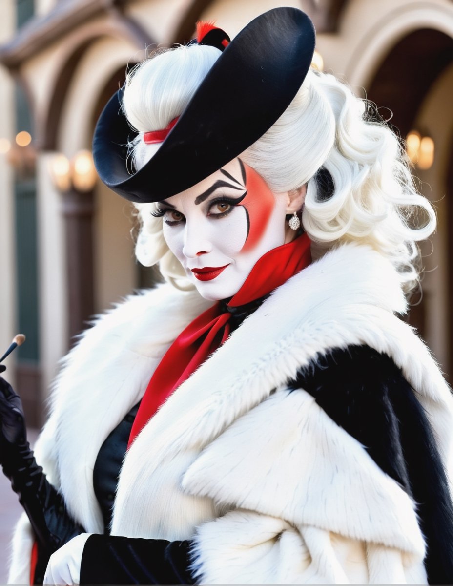 masterpiece, professional photoshoot, dlsr, of Disney's 60 year old Cruella DeVille, ultra unique natural textures, slight imperfections, Enhance the details, sharpness, and contrast