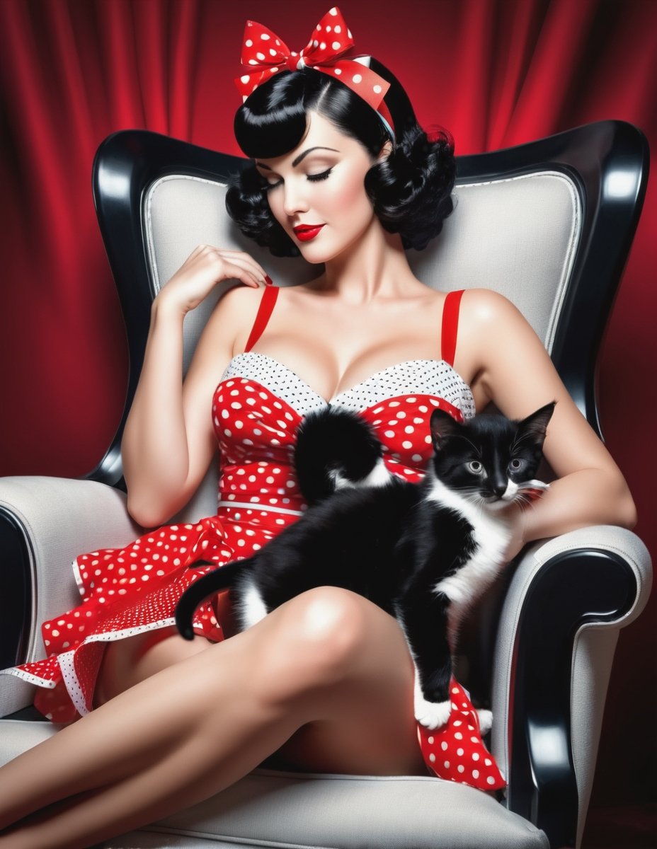 A pin up in your living room - short black hair with a red and white polka dot ribbon sitting in a arm chair her black and white kitten sleeping on her lap - highly details -  32 k HDR style Chuk Pinson