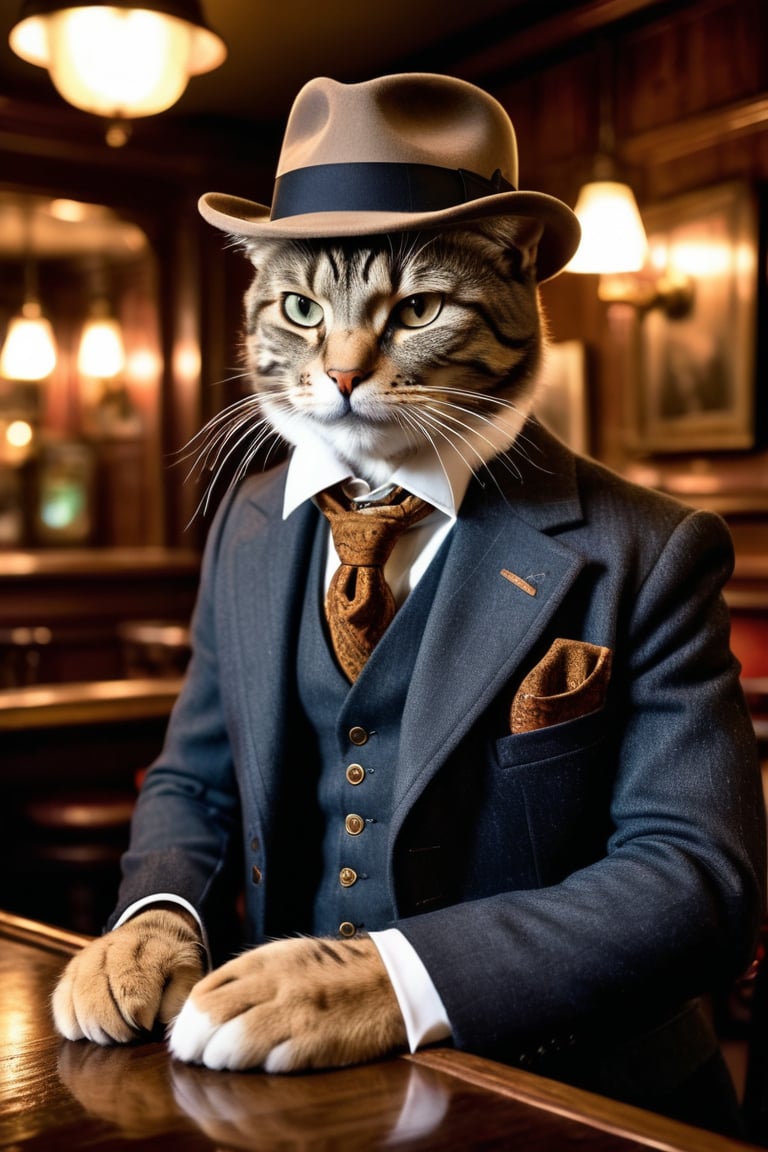 A feline gangster extraordinaire, clad in a fedora and three-piece suit, strikes a pose against the warm, dimly lit backdrop of an antique Irish pub. The vintage wooden paneling and ornate mirrors gleam softly under HDR's cinematic lighting, as our whiskered hero's piercing gaze seems to hold court over the rowdy atmosphere. A cigarette dangles precariously from his lips, exuding a sense of rugged sophistication.