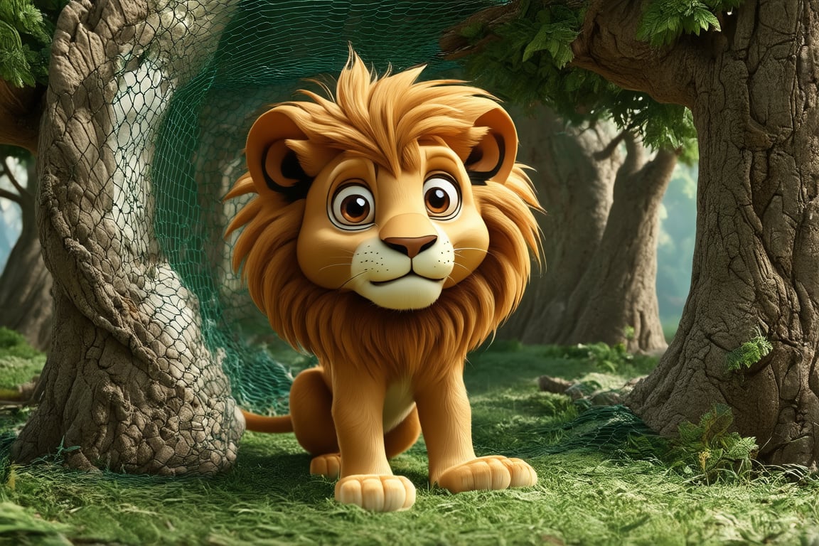 3D render of Kids cartoon cute, The lion suddenly gets trapped in the hunter's net, the net entangles him and he is shocked.