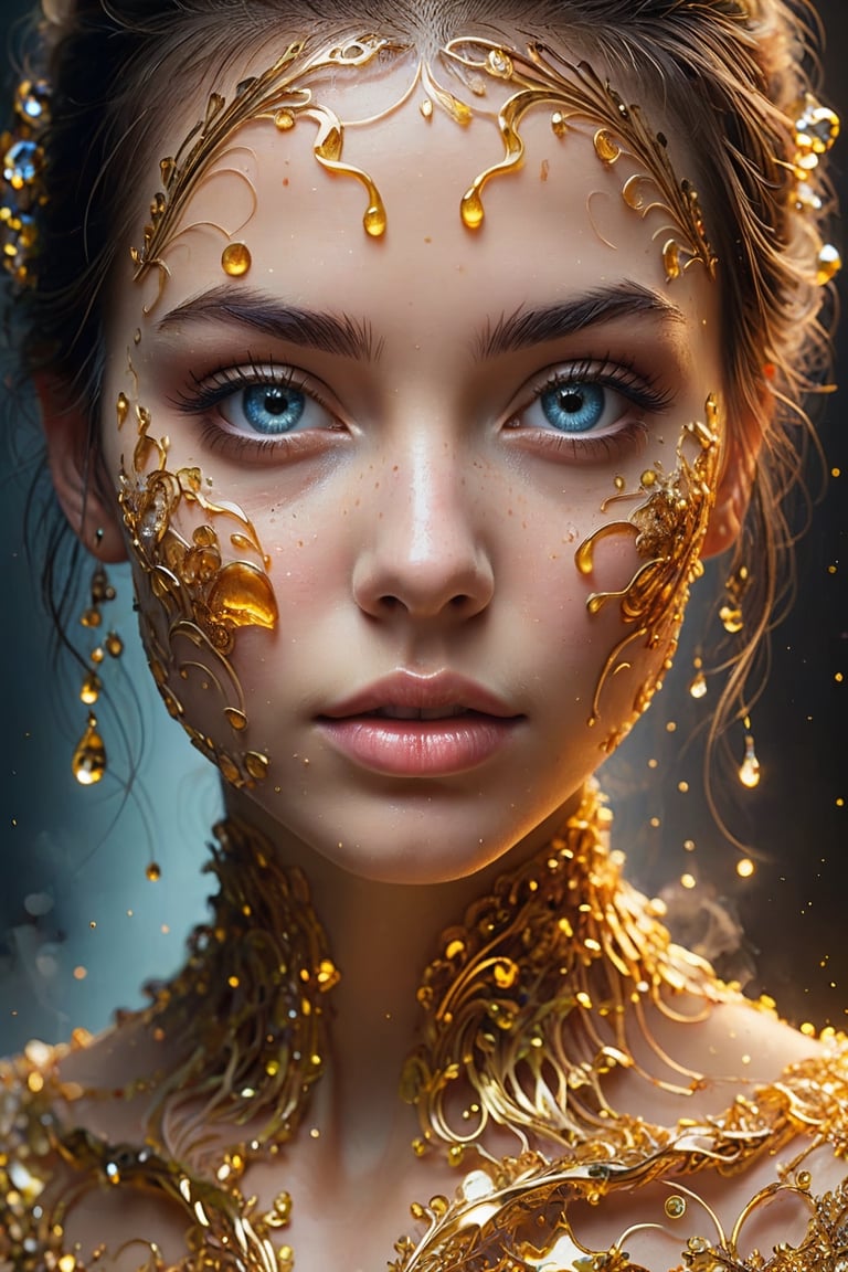 mysterious beautiful woman, perfect face and eyes, Alcohol ink, splatter art, oil painting, smoke, Miki Asai Macro photography, close-up, Fantastic Realism and Sharp Focus, Mysterious Filigree Elements, Glowing Accents,fantasy art,watce , golden appear naturally