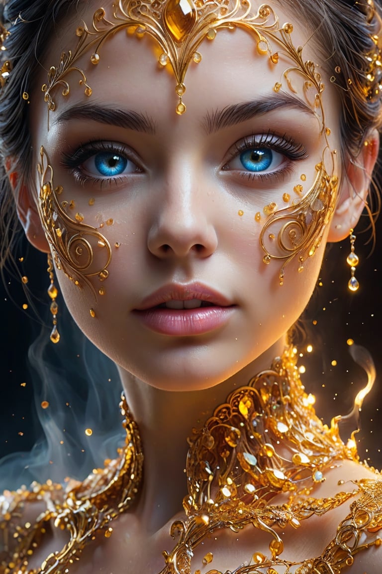 mysterious beautiful woman, perfect face and eyes, Alcohol ink, splatter art, oil painting, smoke, Miki Asai Macro photography, close-up, Fantastic Realism and Sharp Focus, Mysterious Filigree Elements, Glowing Accents,fantasy art,watce , golden appear naturally