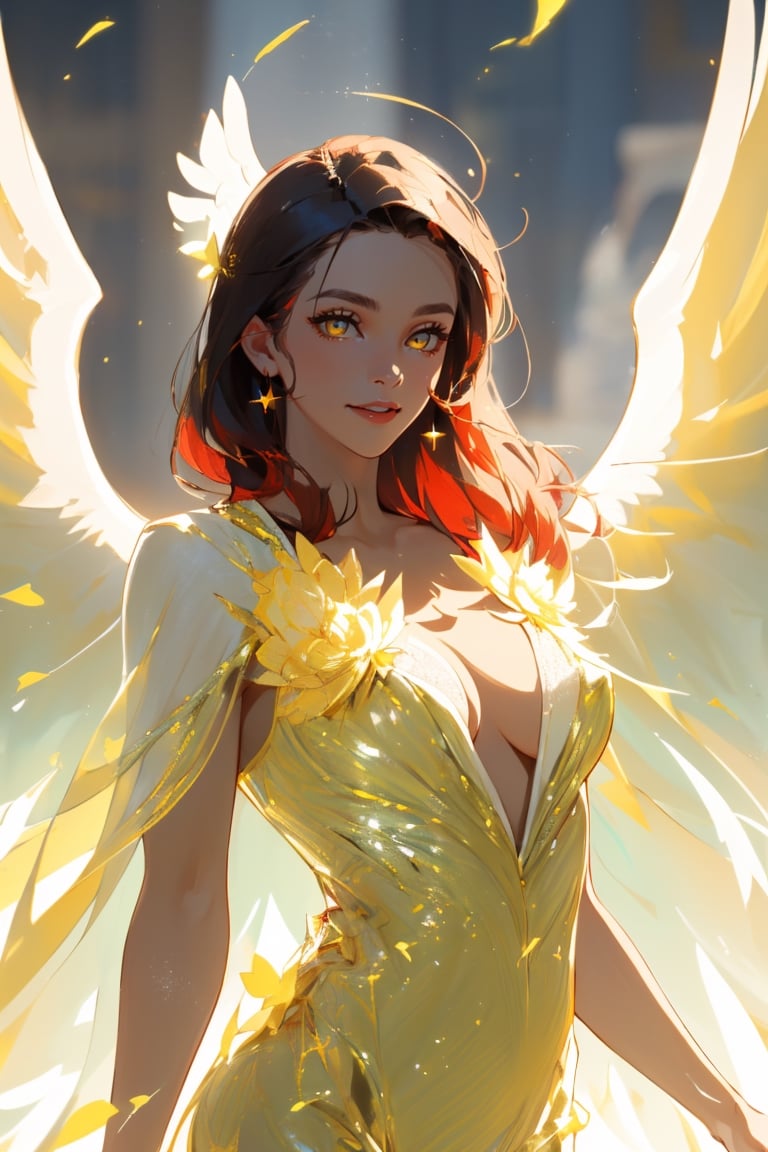 ((absurdres)), ((best quality)), ((a masterpiece)), ((award winning photo)), ((photorealistic)), ((realistic)), ((shimmering)) ((glistening))((ultradetailed)), cinematic, model shoot posing, 

1 girl, heavenly, smiling, yellow eyes, red hair, long hair, erotic, (heavenly angel:1.2), hyperdetailed face, hyperdetailed eyes, beautiful perfect eyes, hyperdetailed clothes, (heavenly aesthetic:1.3), (pure white and yellow dress:1.2), deep skin, (floating in the clouds:1.2), volumetric lighting, (glowing:1.2), (holy light:1.2), see-through, covered nipples, ,angel_wings,angel,Angel