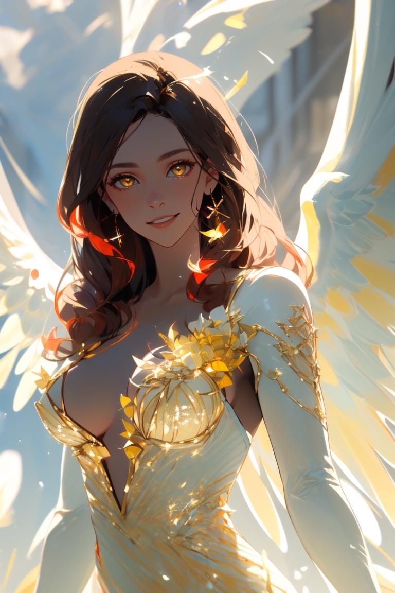 ((absurdres)), ((best quality)), ((a masterpiece)), ((award winning photo)), ((photorealistic)), ((realistic)), ((shimmering)) ((glistening))((ultradetailed)), cinematic, model shoot posing, 

1 girl, heavenly, smiling, yellow eyes, red hair, long hair, erotic, (heavenly angel:1.2), hyperdetailed face, hyperdetailed eyes, beautiful perfect eyes, hyperdetailed clothes, (heavenly aesthetic:1.3), (pure white and yellow dress:1.2), deep skin, (floating in the clouds:1.2), volumetric lighting, (glowing:1.2), (holy light:1.2), see-through, covered nipples, ,angel_wings,angel,Angel