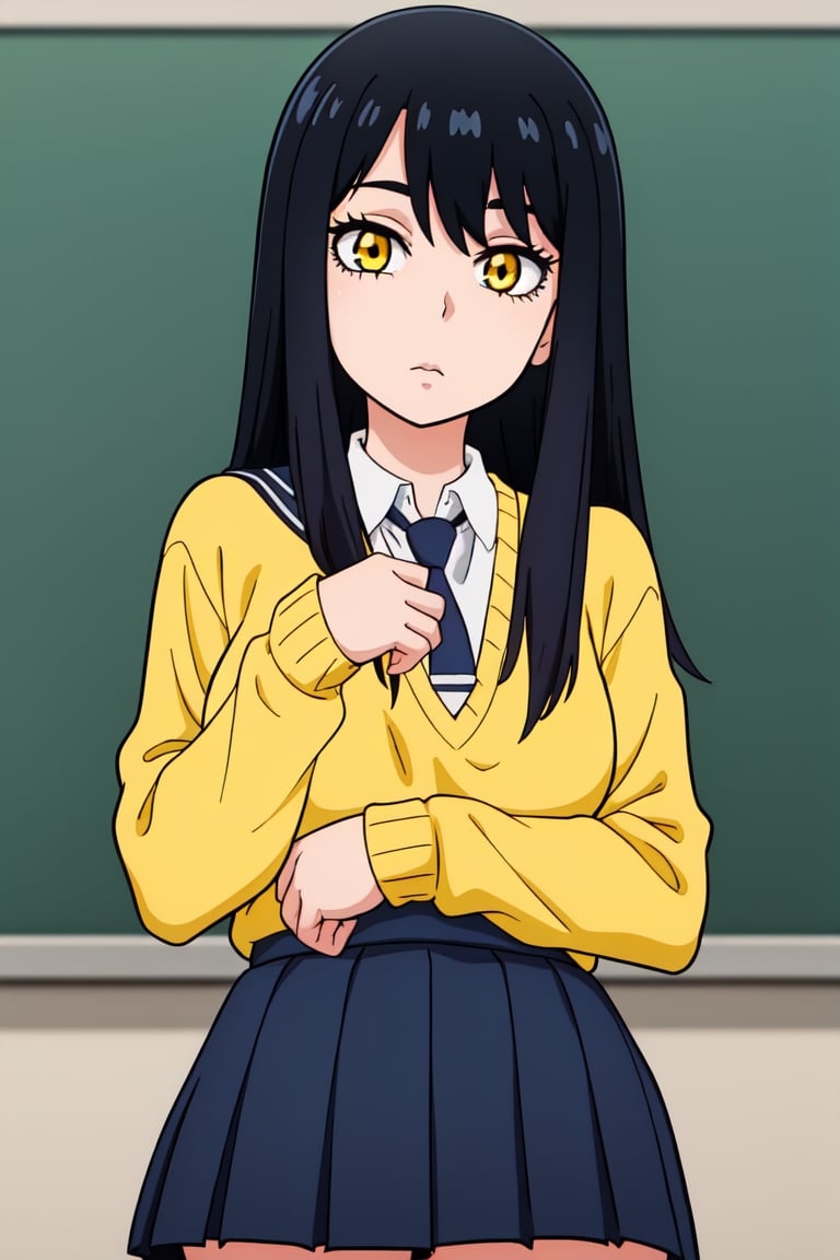 best quality,masterpiece,1girl,YotMiko,long hair,balck hair,yelow eyes,school uniform,necktie, yellow sweater, looking at viewer