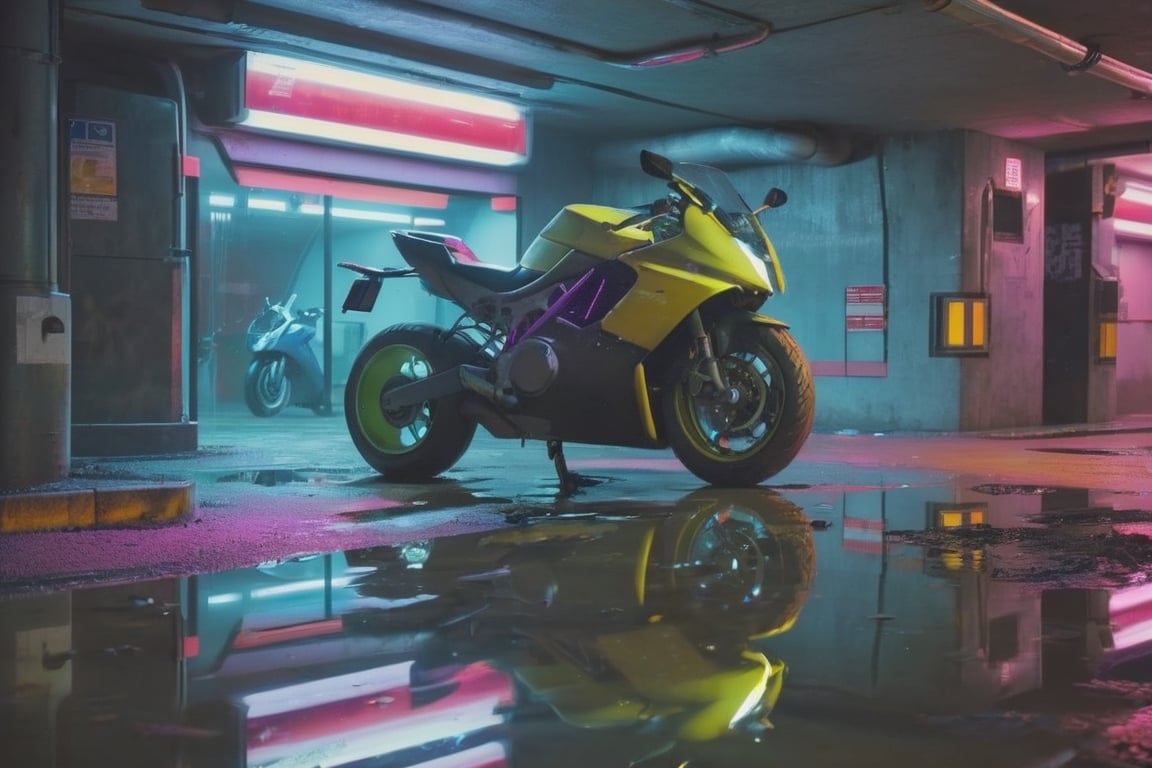 a broken motorbike parked at a futuristic basement parking lot, multi-colored neon lights, wet floor, reflection.