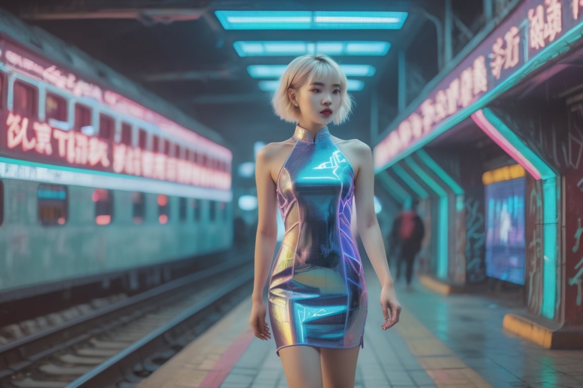 a beautiful woman wearing a tight hologram laser cheongsam, short messy blonde hair, slim body, neon lights, cyberpunk train station.