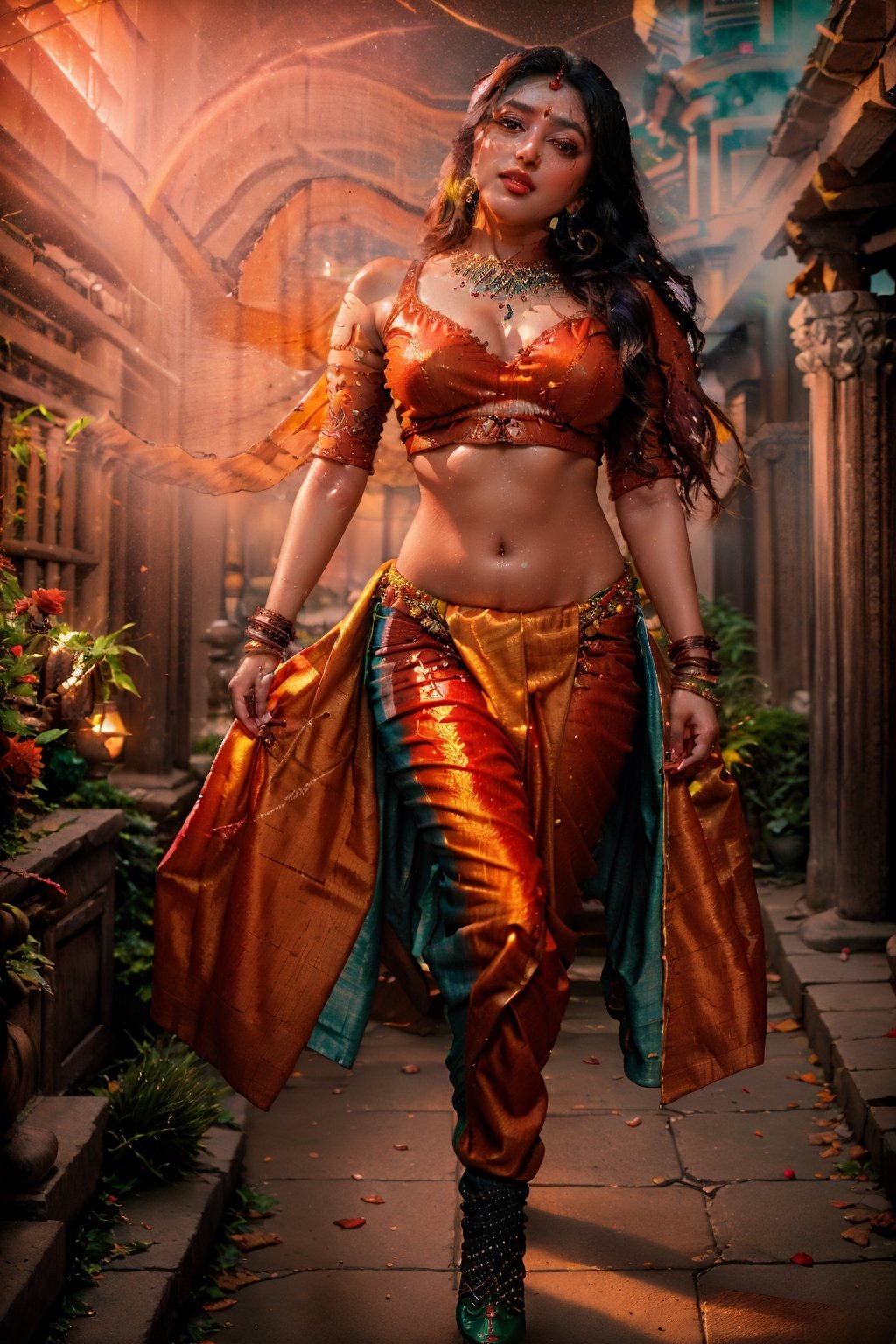 A typical Bangladeshi girl, (superior, Hires), detailed eyes, detailed lips, flowing black hair, jeans top, vibrant colors, natural lighting, lush red background, ethereal atmosphere, delicate makeup, elegant jewelry, confident expression, traditional patterns, Traditional shoes on feet, walking in the garden,full size realistic image.,Girl 