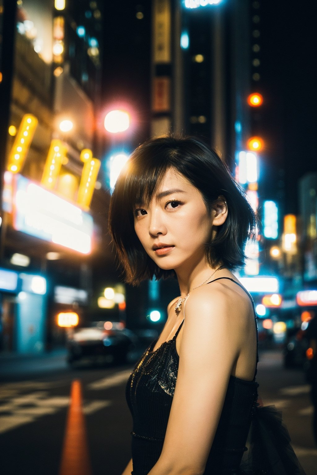 A 32-year-old Asian woman, noble, (((thin))), short hair, messy hair, Tulle Layered Tutu, necklace, 
Seductive Glance, High heels showcase, 
city, hong kong, Night, 
low key lighting, dutch angle, With Film Grain, Rule of Thirds, 