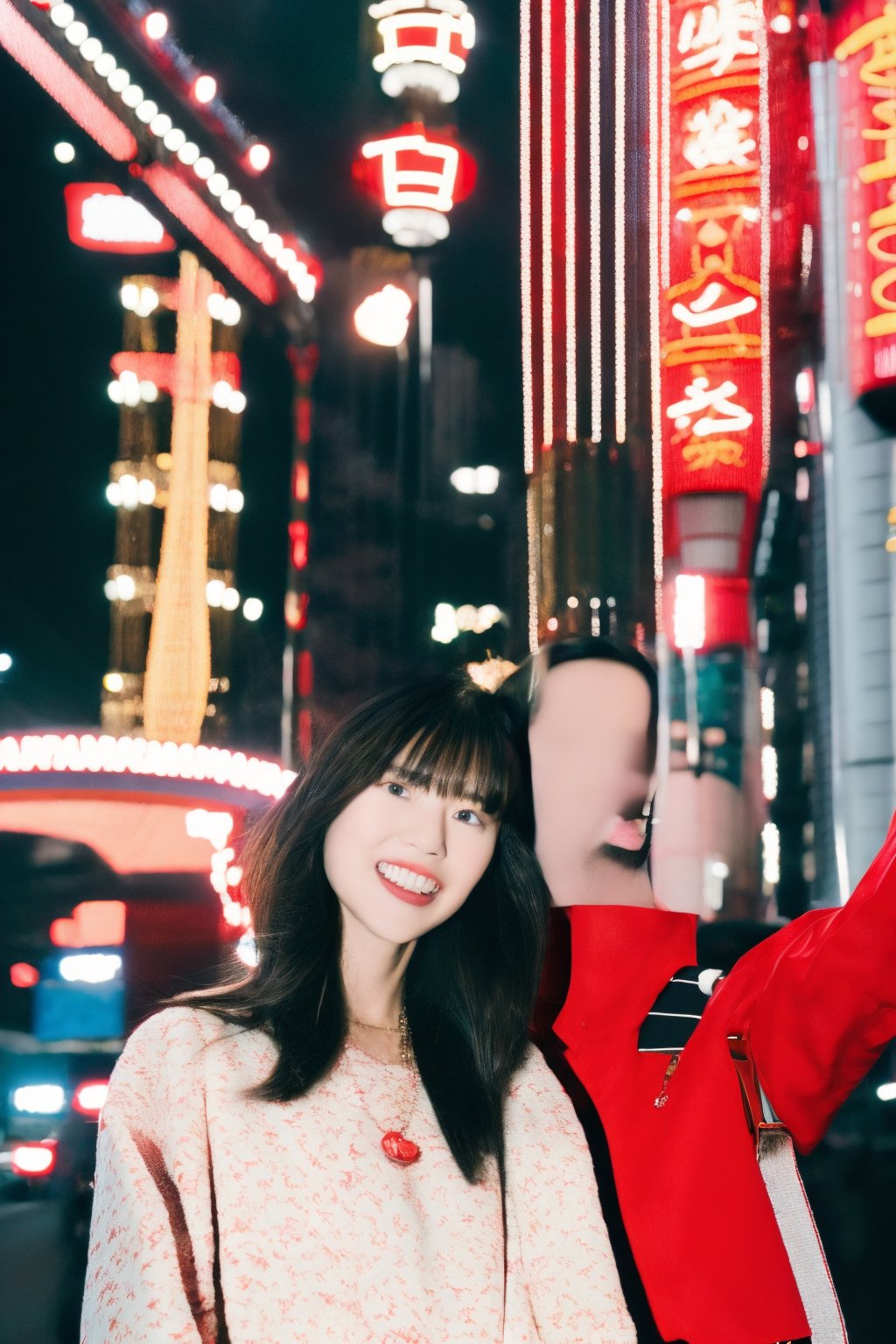 A young Asian woman, short hair, wearing a red jacket and a white t-shirt with Japanese text, necklace, standing on a Tokyo street at night, with Tokyo Tower in the background, illuminated city lights, red lanterns, urban style, night photography, candid pose, low angle shot, with a hint of film grain.

,fujifilm