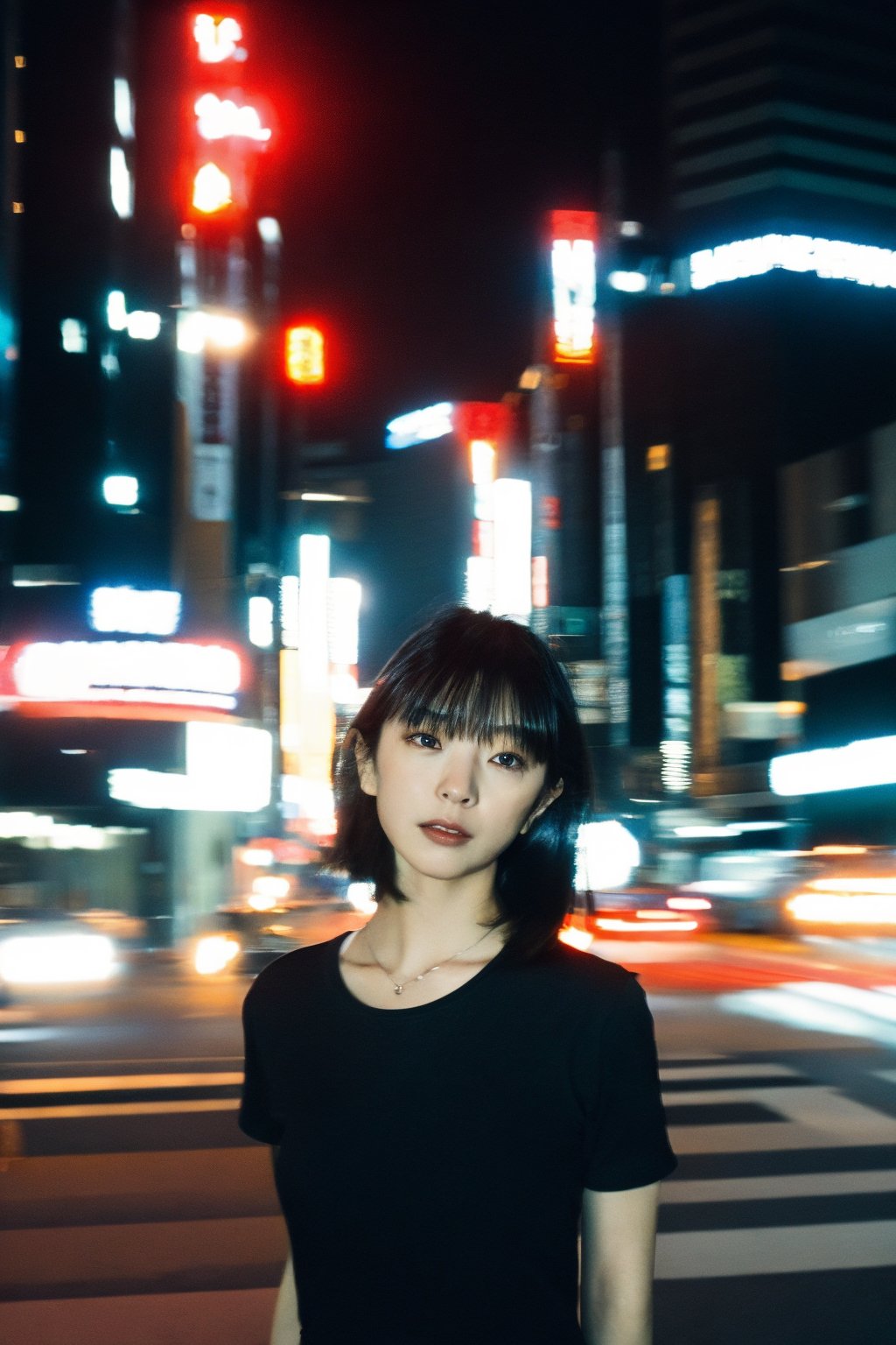A young Asian woman, short hair, wearing a black t-shirt with Japanese text, black shorts, necklace, standing in a city setting at night, with blurred lights and buildings in the background, low angle shot, street fashion, Tokyo cityscape, night photography, urban style, candid pose, with a hint of film grain.
