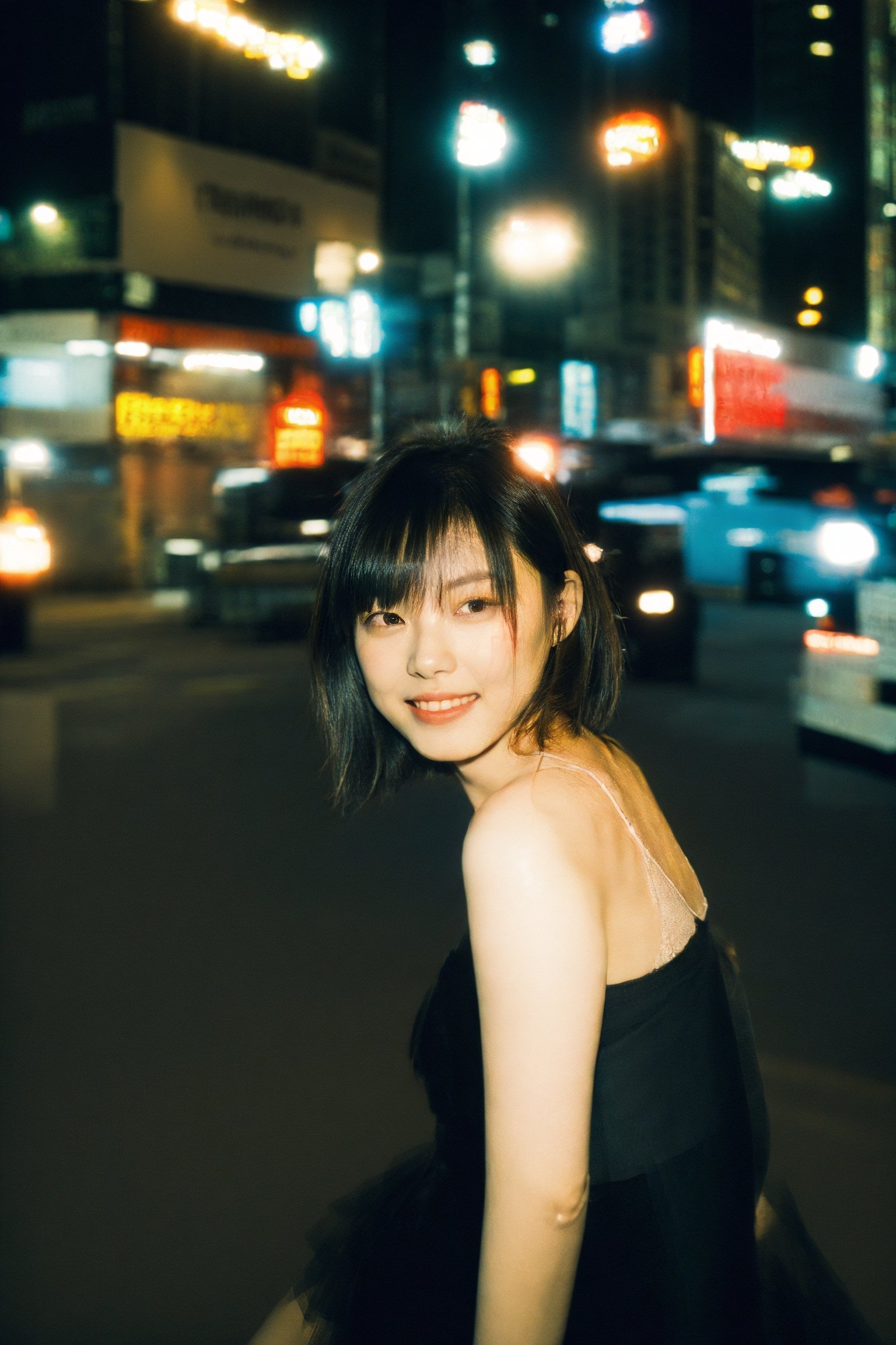 A 27-year-old Asian woman, noble, (((thin))), short hair, messy hair, Tulle Layered Tutu, necklace, 
Seductive Glance, High heels showcase, Sweet smile,
city, hong kong, Night, 
low key lighting, dutch angle, With Film Grain, Rule of Thirds, 