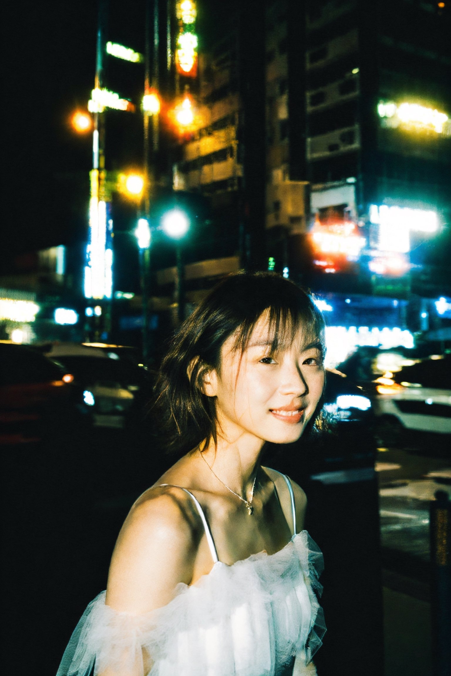 A 27-year-old Asian woman, noble, (((thin))), short hair, messy hair, Tulle Layered Tutu, necklace, 
Seductive Glance, High heels showcase, Sweet smile,
city, hong kong, Night, 
low key lighting, dutch angle, With Film Grain, Rule of Thirds,