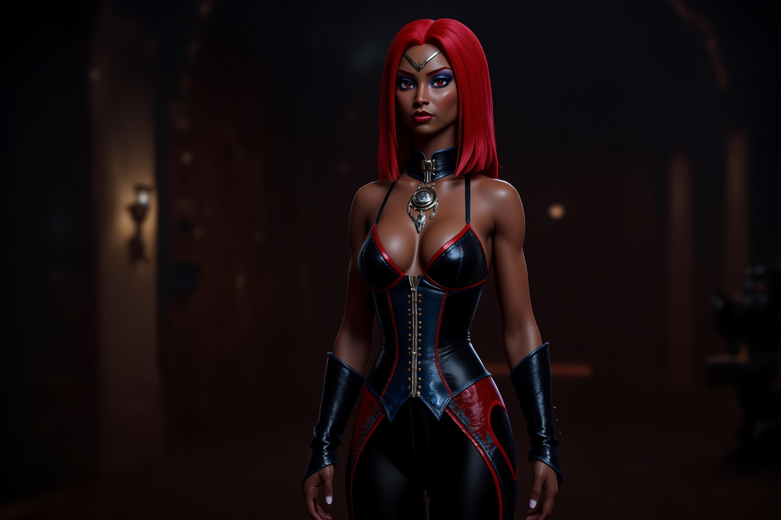 beautiful ebony African vampire rayneclassic Bloodrayne, red hair, wearing corset top with long pants, vampire mansion indoor background at night, looking at viewer, unreal engine style