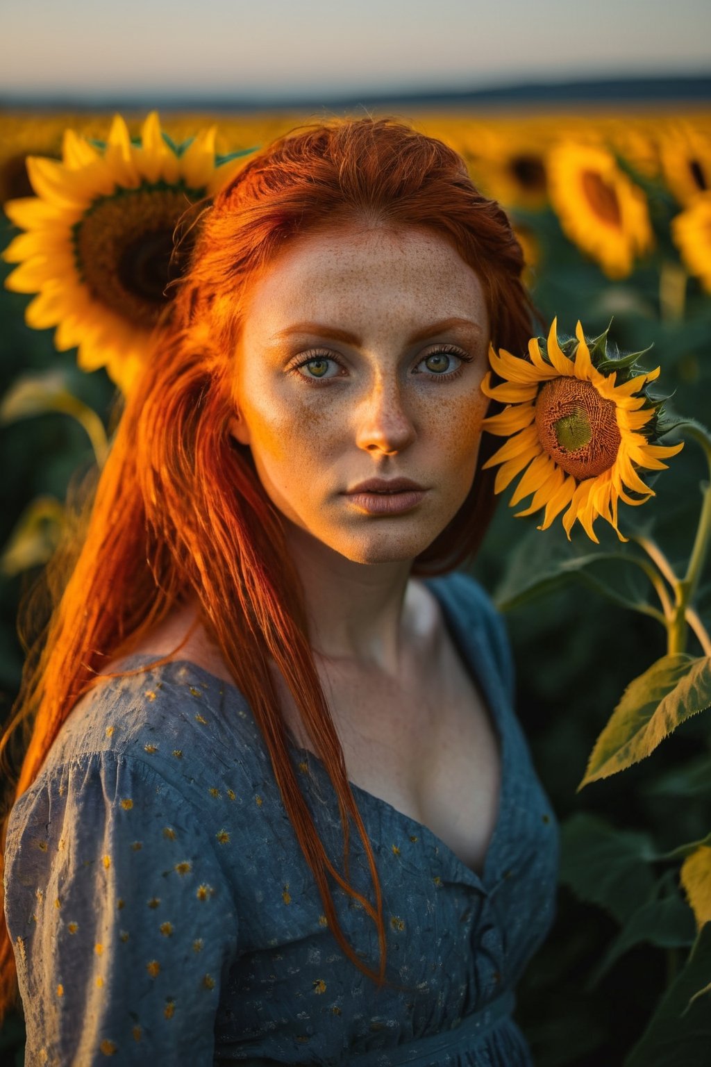 Beautiful woman, red hair, sunflower field, amber eyes, 8k, best quality, (van gogh, starry night background), detailed hair, detailed eyes