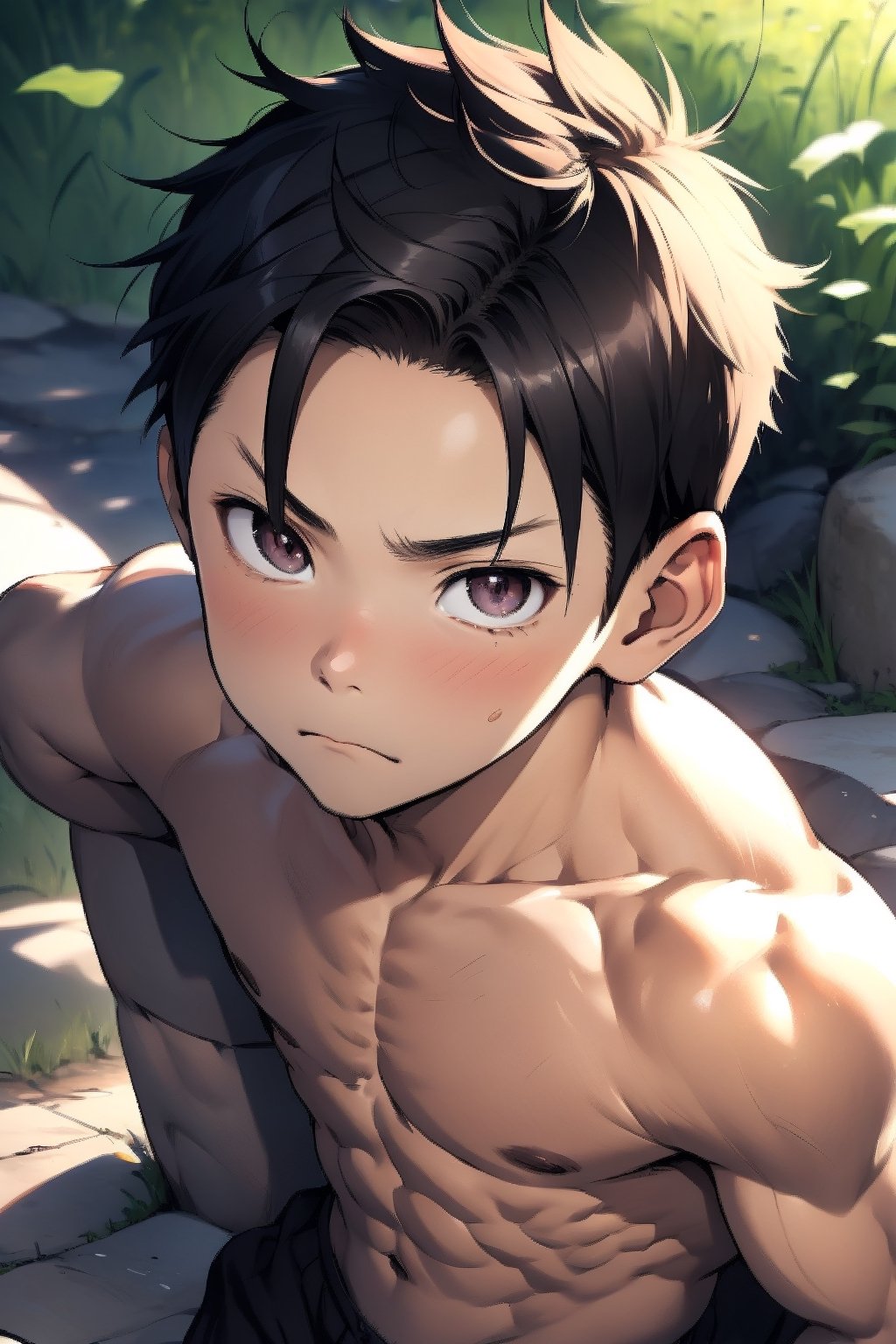 (masutepiece, Best Quality), Illustration, younge boy,teenager face, delicate big eyes, smooth skin,short round face, Flat chin, finely detaild face, well-muscled, short hair, shirtless