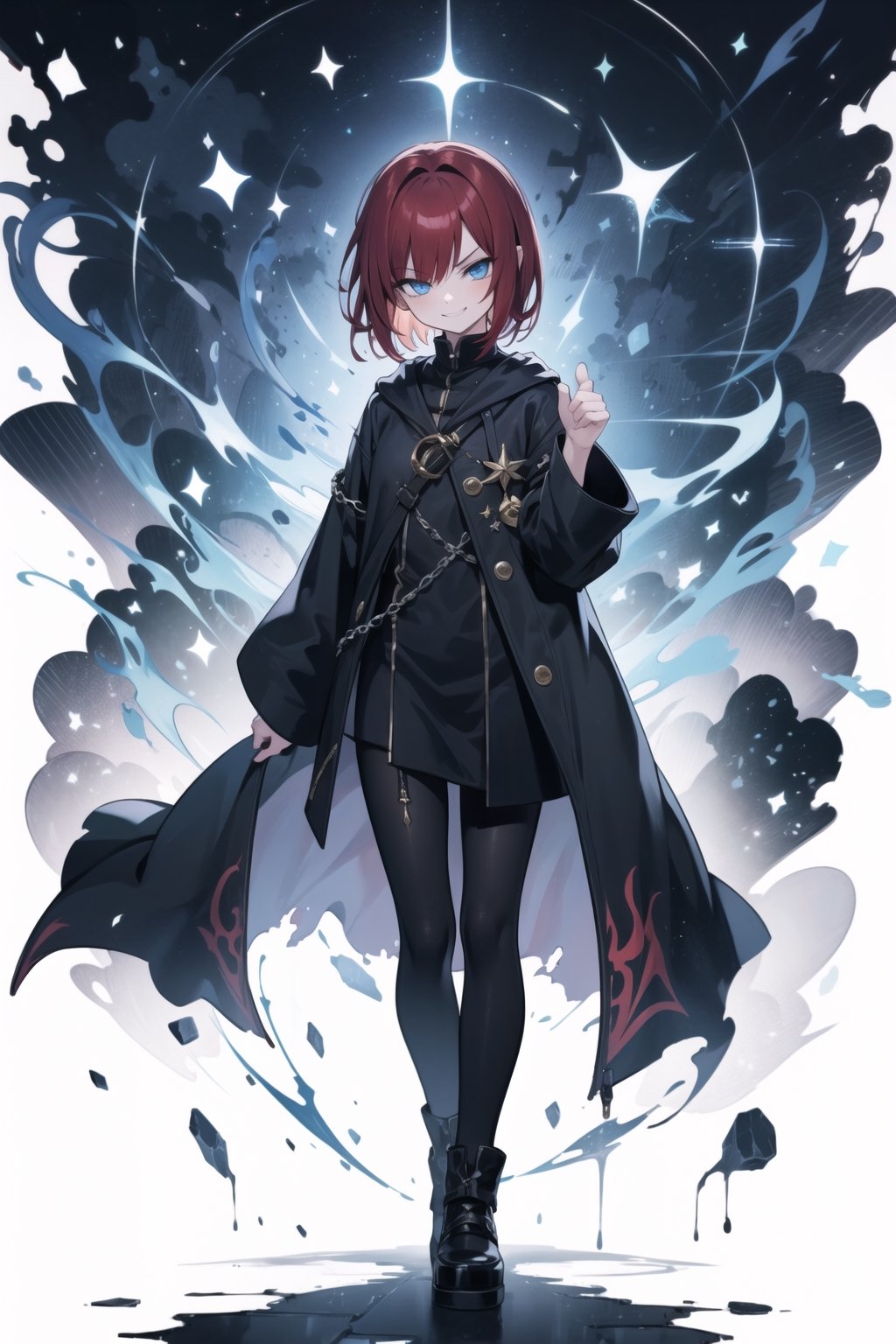 blue eyes, red hair, High detailed, midjourney, masterpiece, perfecteyes, mage clothing, short hair, evil smirk, demonic aura, long sleeves, hands hidden by sleeves