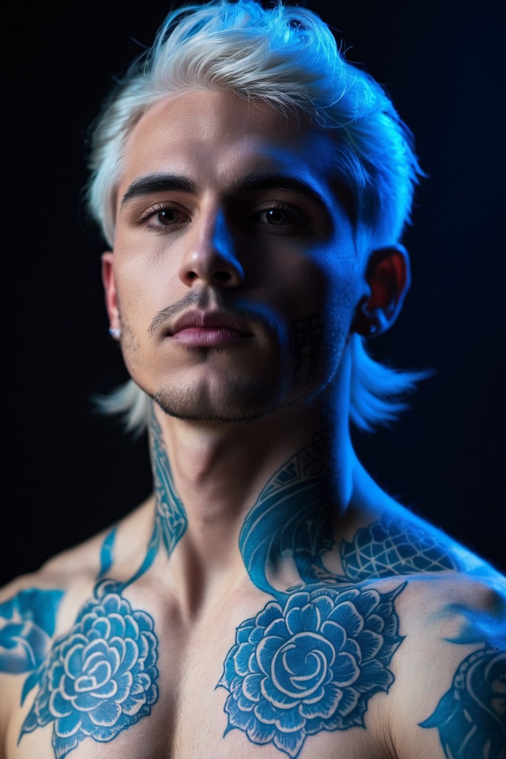 (extreamly delicate and beautiful:1.2), 8K, (tmasterpiece, best:1.2), (MALE:1.5) masterpiece, best quality, (detailed:1.3) halfnaked body with pale skin and (long_white_hair:1.4). All of his pale skin there are (blue_glowing_tattoes:1.5), on face, on body. (MAGICAL_BIOLUMINESCENT_TATTOOES:1.5) Naked upper body, paleblue colour dominating, cloudy night, sharp focus, highly detailed, Magical Fantasy style,GlowingRunesAI_blue,,bioluminescent fbpz body paint,Eren_jaeger_face,4rmorbre4k,GlowingRunesAI_blue