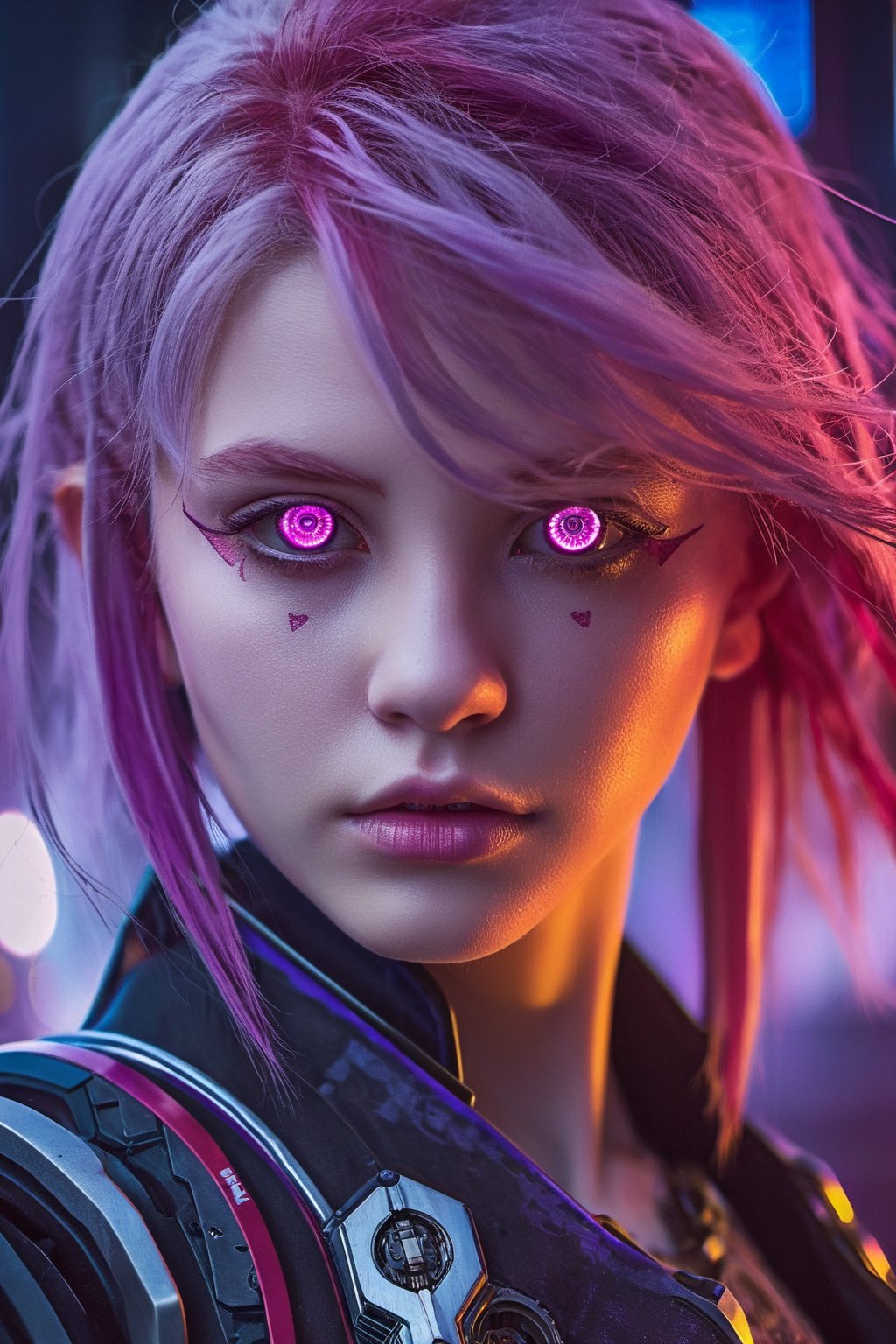 masterpiece, best quality, illustration, beautiful detailed eyes,colorful background,mechanical prosthesis,mecha coverage,emerging dark purple across with white hair,pig tails,disheveled hair,fluorescent purple,cool movement,rose red eyes,beatiful detailed cyberpunk city,multicolored hair,beautiful detailed glow,1 girl, expressionless,cold expression,insanity, long bangs,long hair, lace,dynamic composition, motion, ultra - detailed, incredibly detailed, a lot of details, amazing fine details and brush strokes, smooth, hd semirealistic anime cg concept art digital painting
