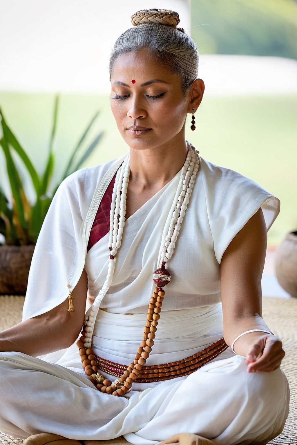 (1 female Bodhisattva:1.4) sitting on Round straw mat, (indian style:1.3), sitting in straw mat, (Round straw mat:1.3), (Meditation position:1.3), (Raise hands, crossed hands, Prayer position:1.3), dignified and beautiful, wearing (white silk Buddha clothes:1.3), (white silk:1.3),has (white hair:1.2), (bun:1.2), french braid,white transparent veil, futon, closed eyes, jewelry, necklace, (Buddha beads:1.2), (White cloth shoes), White socks, (eromanga:1.2), (megami:1.2)