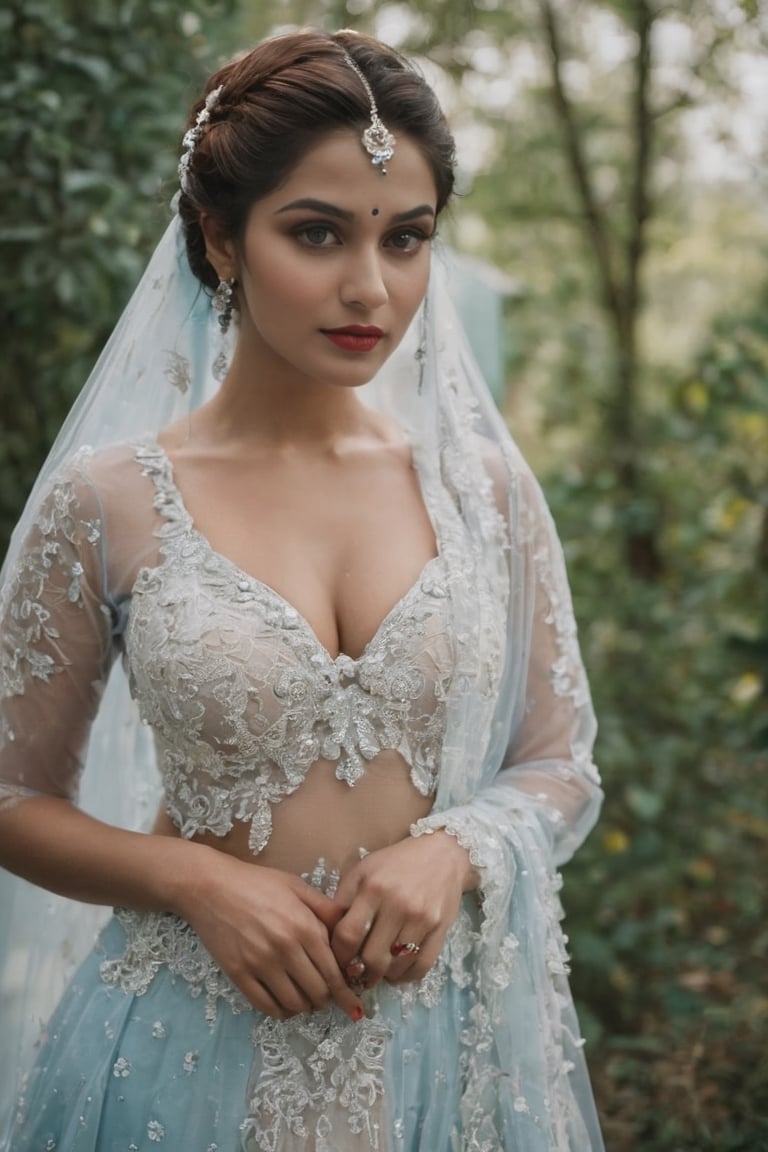  cinematic film still cinematic full body photo beautiful Indian kashmiri girl white and clear skin, wearing beautiful wedding dresses in white blue color, open hair, red lips, big breast, deep cleavage, curve body, film, professional, 4k, highly detailed . shallow depth of field, vignette, highly detailed, high budget Hollywood movie, bokeh, cinemascope, moody, epic, gorgeous, film grain, grainy . Textured, distressed, vintage, edgy, punk rock vibe