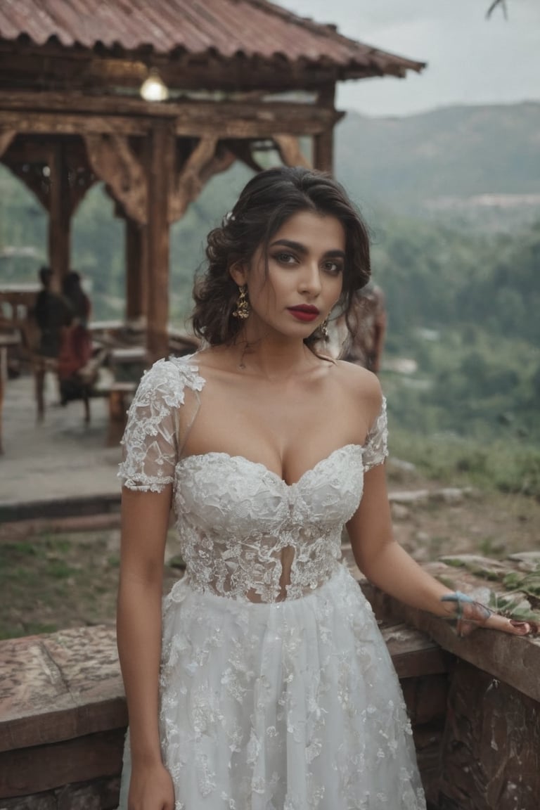  cinematic film still cinematic full body photo beautiful Indian kashmiri girl white and clear skin, wearing beautiful wedding dresses in white blue color, open hair, red lips, big breast, deep cleavage, curve body, film, professional, 4k, highly detailed . shallow depth of field, vignette, highly detailed, high budget Hollywood movie, bokeh, cinemascope, moody, epic, gorgeous, film grain, grainy . Textured, distressed, vintage, edgy, punk rock vibe