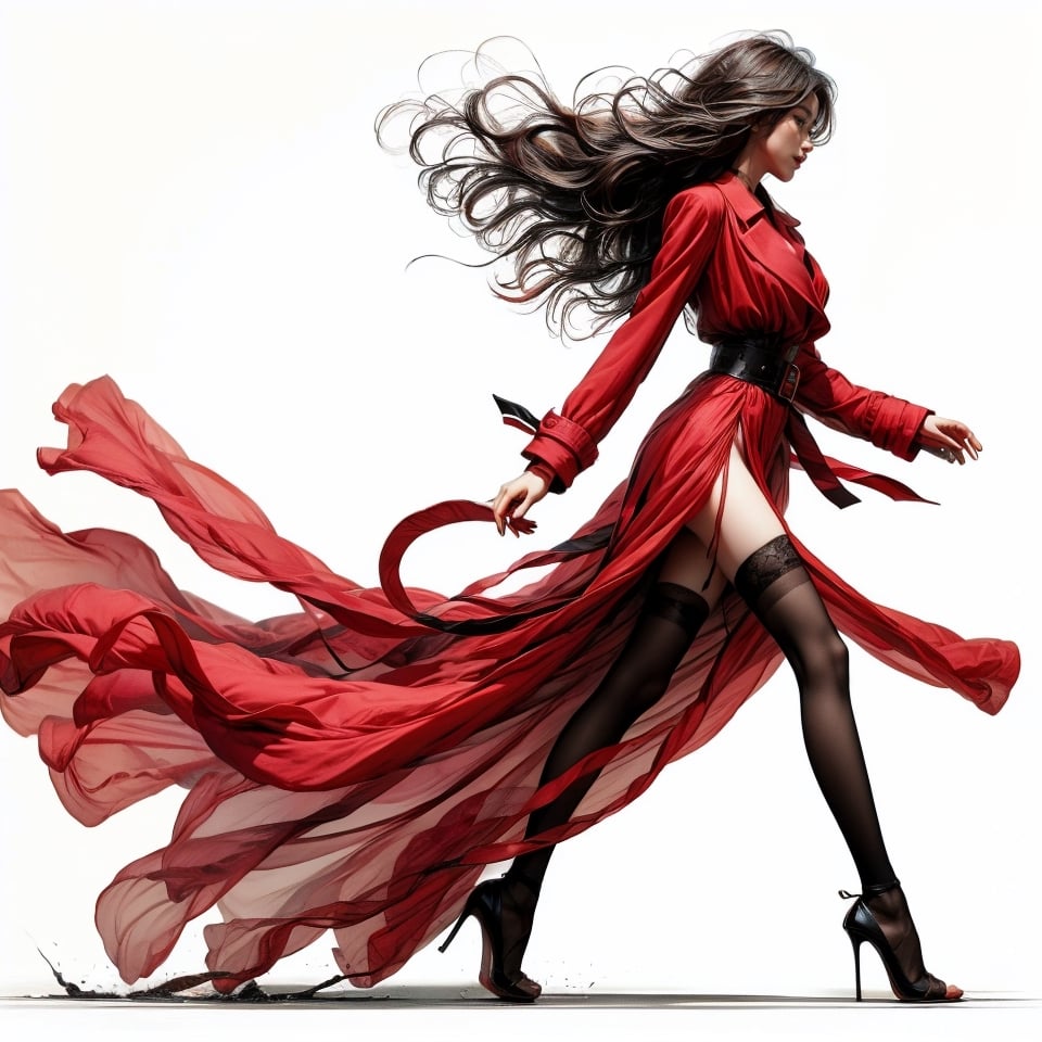 1girl, solo, long hair, simple background, black hair,, long sleeves, white background, dress,  full body, shoes, belt, black thighhighs, black footwear, red dress, high heels, from side, coat, profile, full makeup, side slit, walking, black coat,stiletto heels, big breast