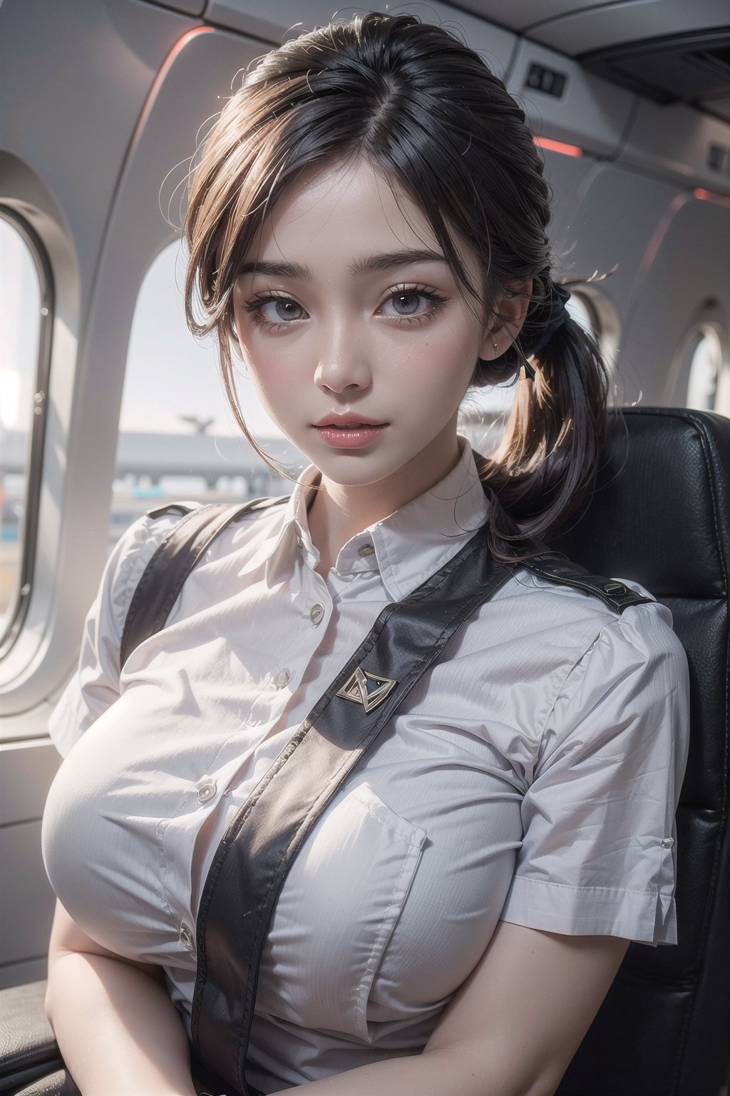 3 24 years old pretty taiwan latin mixed race girl ,pony tail hair, eyes detail,  Airline stewardess uniform,big_breasts,s-shape body ,whole body ,cabin background , Realism, ,Realism,Portrait