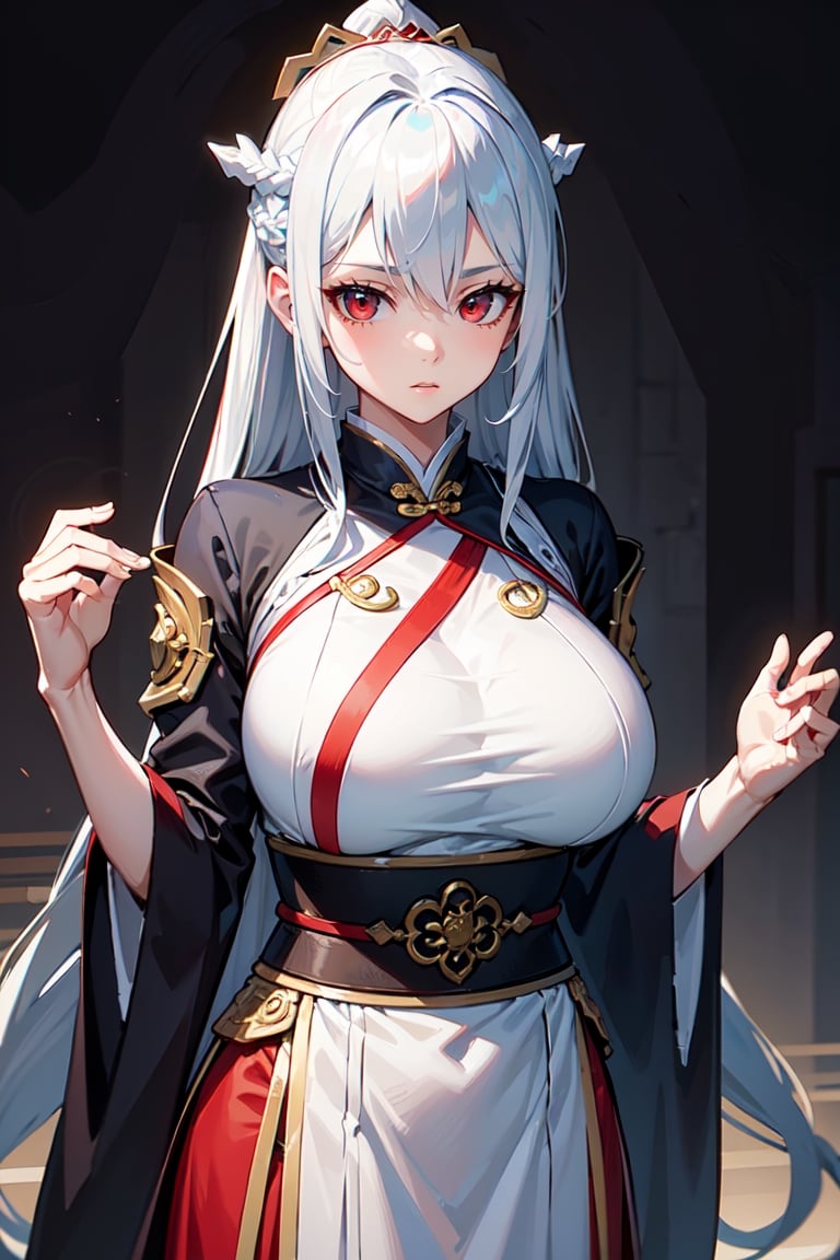 masterpiece, best quality, absurd, 1 girl, white hair, long hair, bangs, red eyes, big breasts, hanfu, blue hair,JingliuHSR,Cold look,Chinese general