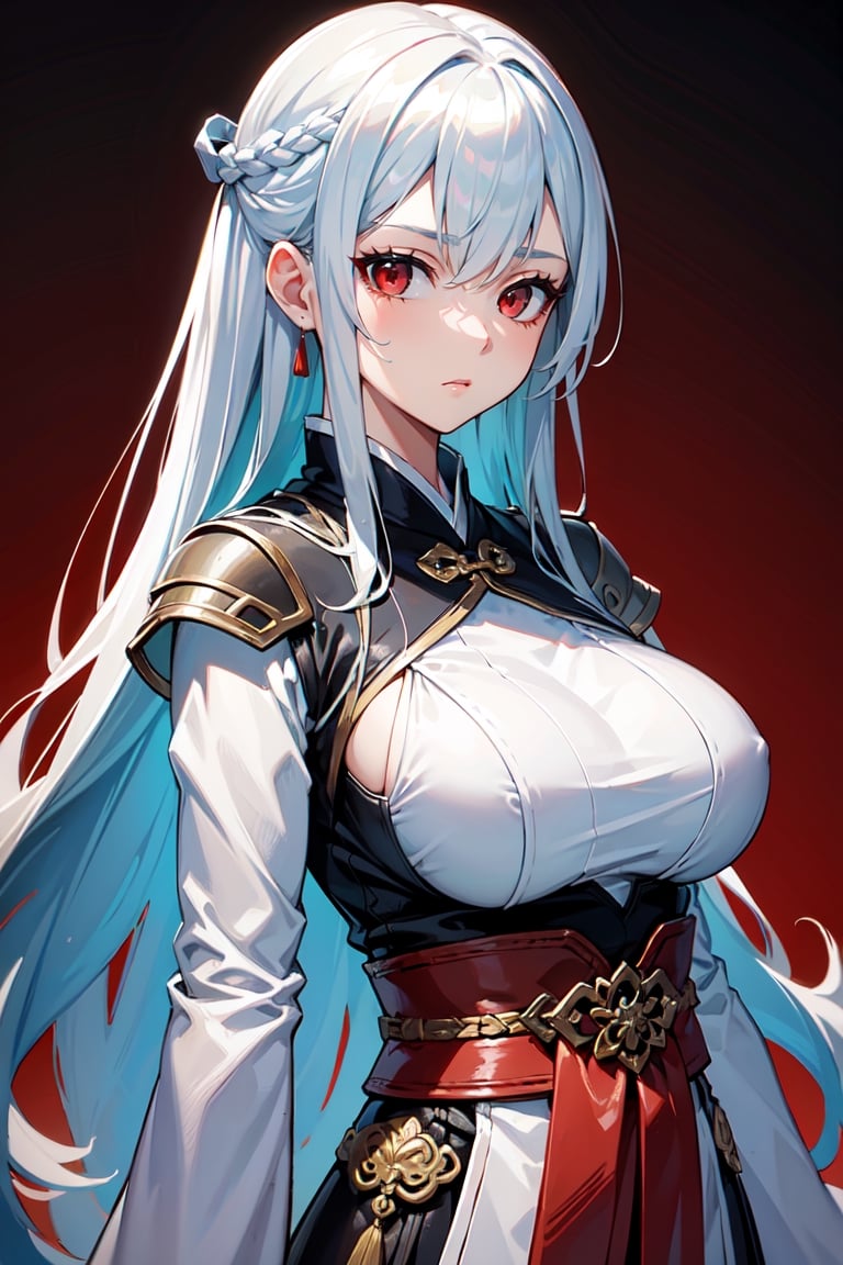 masterpiece, best quality, absurd, 1 girl, white hair, long hair, bangs, red eyes, big breasts, hanfu, blue hair,JingliuHSR,Cold look,Chinese general