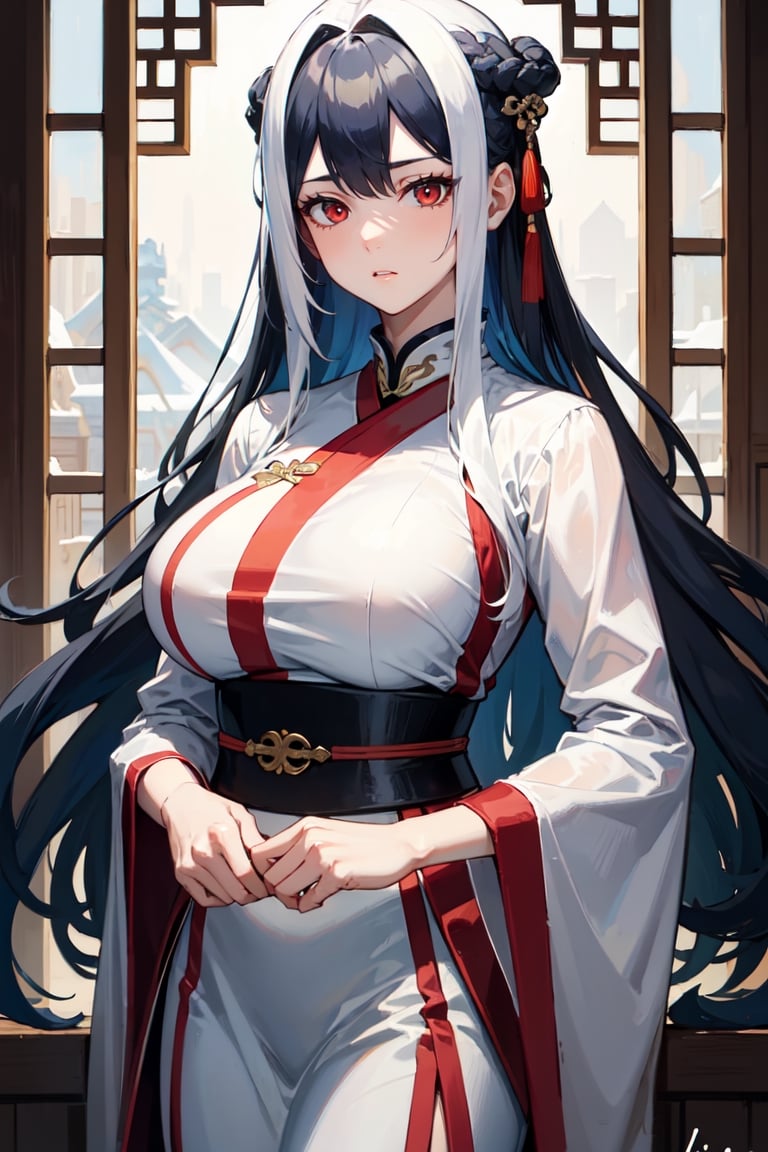 masterpiece, best quality, absurd, 1 girl, white hair, long hair, bangs, red eyes, big breasts, hanfu, blue hair,JingliuHSR,Cold look,tall woman,Chinese general