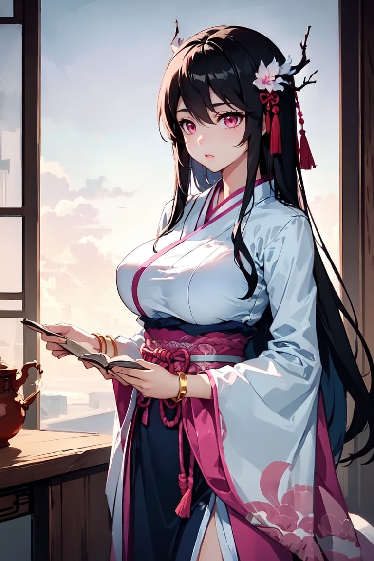 masterpiece, best quality, absurd, 1 girl, alone, black hair, long hair, bangs, pink eyes, big breasts, hanfu, bracelet, hair ornament, yaoyao, Read Desc,