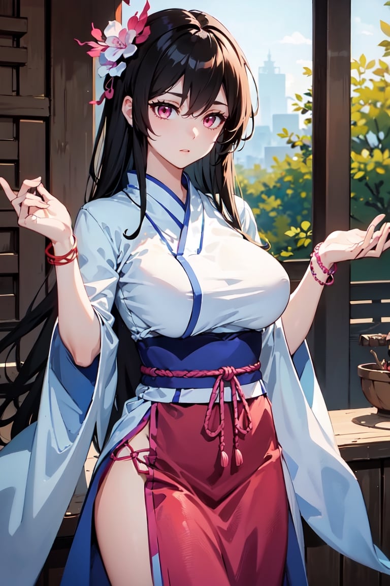 masterpiece, best quality, absurd, 1 girl, alone, black hair, long hair, bangs, pink eyes, big breasts, hanfu, bracelet, hair ornament, yaoyao, Read Desc,