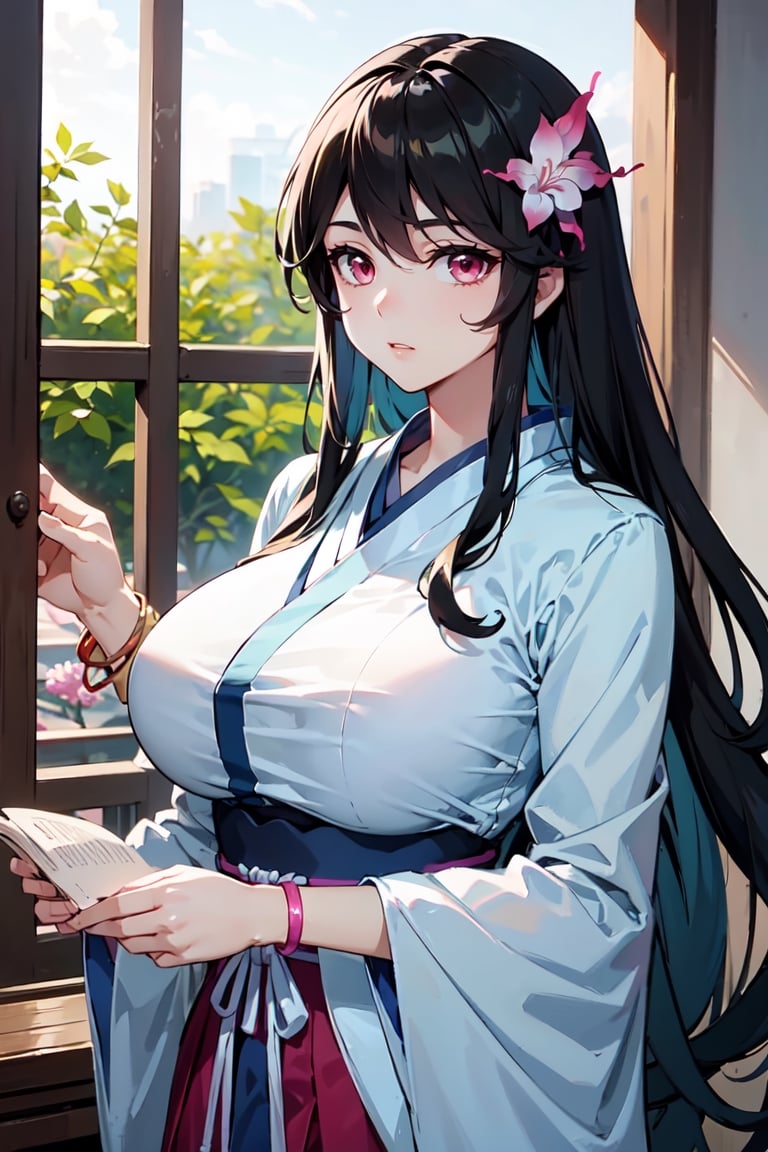 masterpiece, best quality, absurd, 1 girl, alone, black hair, long hair, bangs, pink eyes, big breasts, hanfu, bracelet, hair ornament, yaoyao, Read Desc,